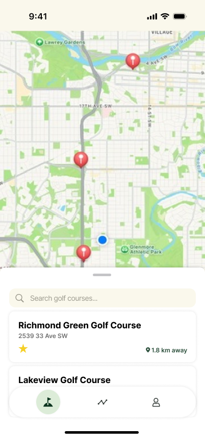 TeeTime Nearby Courses Screen